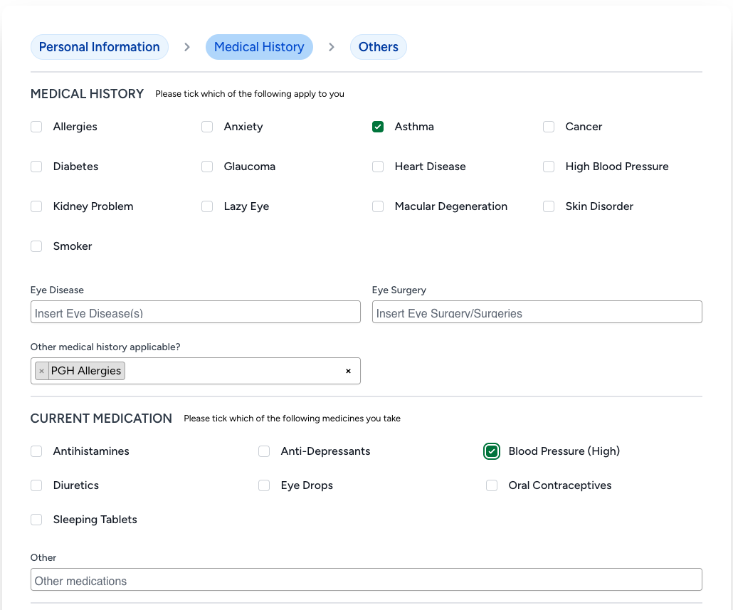New patient form medical history page